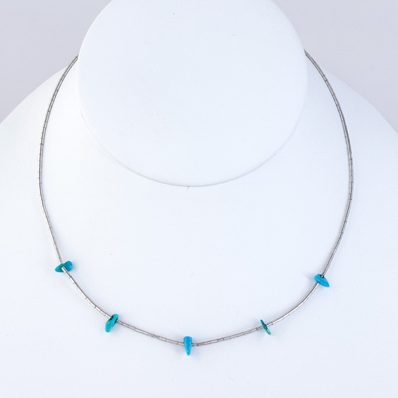 Vintage Sterling Liquid Silver 925 Tube Bead Turquoise Necklace 14.75” - Picture 1 of 4